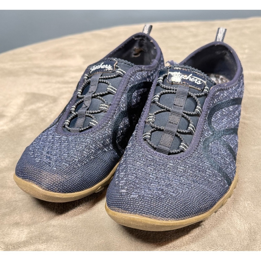 Skechers Bikers Shoes Womens 8.5 Navy Blue Slip On Bungee Lace Memory Foam